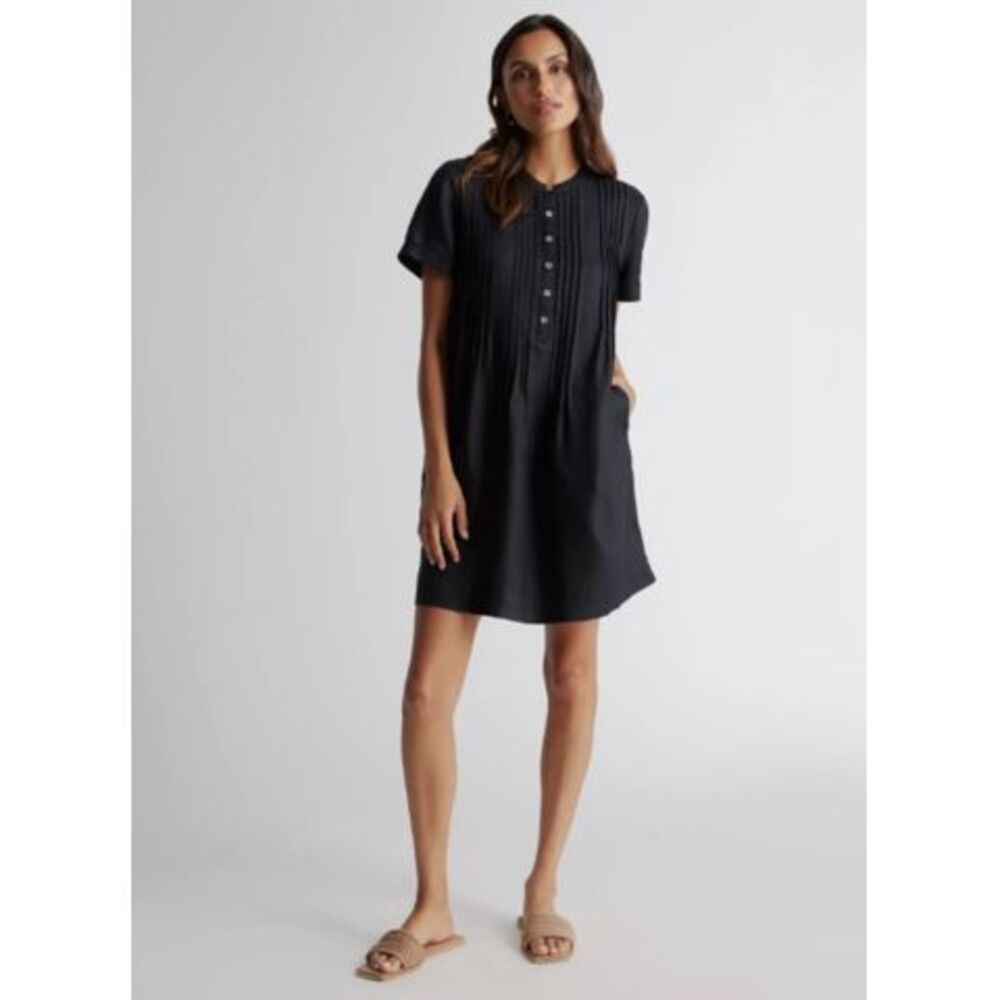 Quince 100% European Linen Short Sleeve Swing Dress Black S